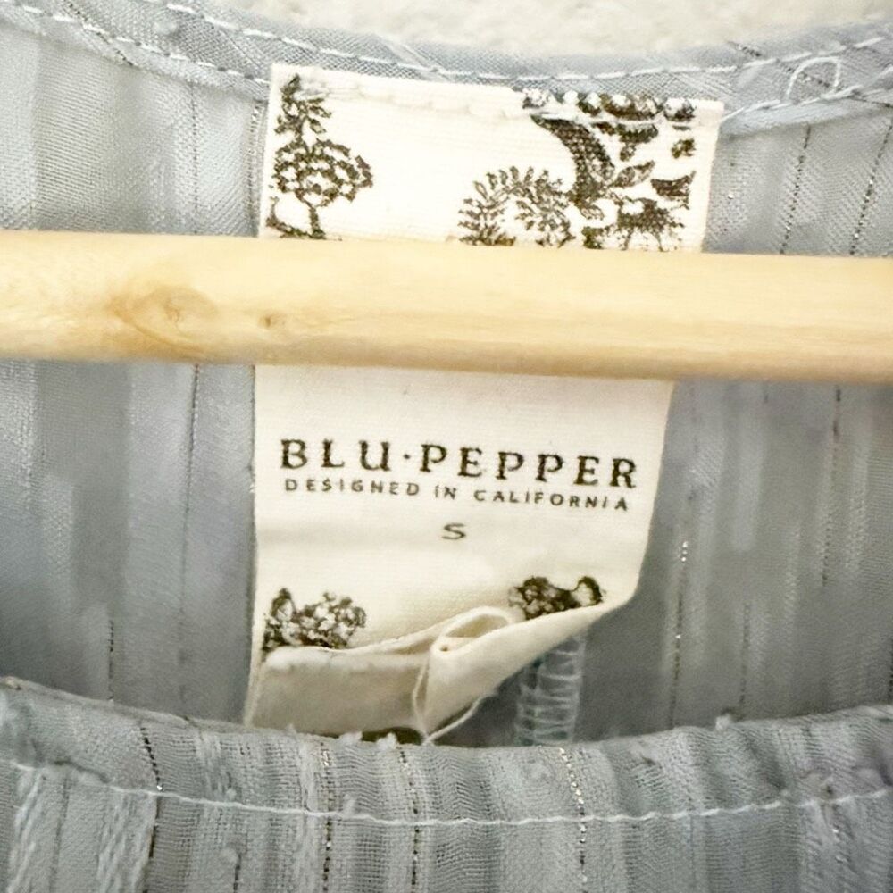BLU PEPPER x ANTHROPOLOGIE | Blue Gold Button Back Peplum Top Blouse | Small - Picture 7 of 9